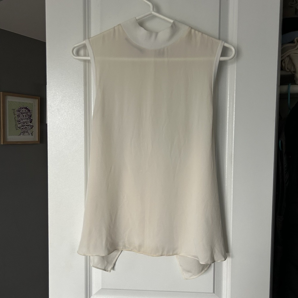 Vince Women's Silk Sleeveless Off White Tie Back Ribbed Mock Neck Blouse Size S